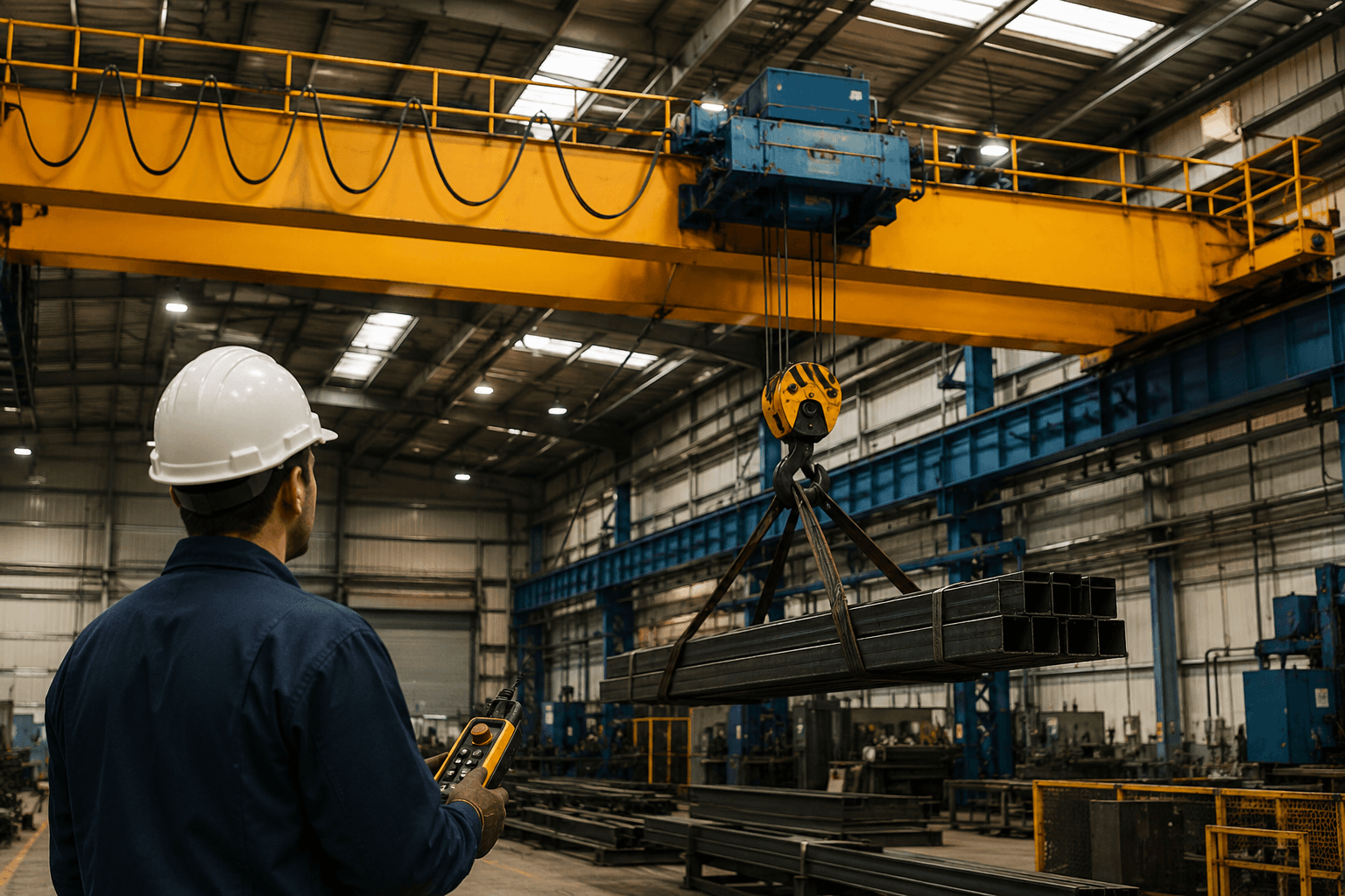 Alumno operando un puente grúa durante las prácticas del curso en Academia Industrial